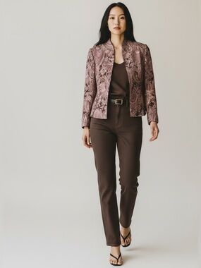 Vintage Tradition Jacquard Blazer Open Front Burgundy Maroon Gold Size 8 Petite